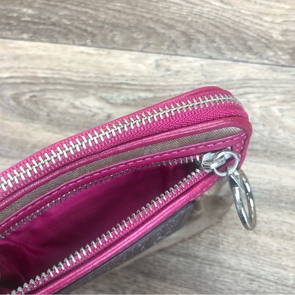 Coach Coin Wallet Wristlet Khaki Hot Pink Leather Trim Silver Logo Plate - Picture 8 of 10